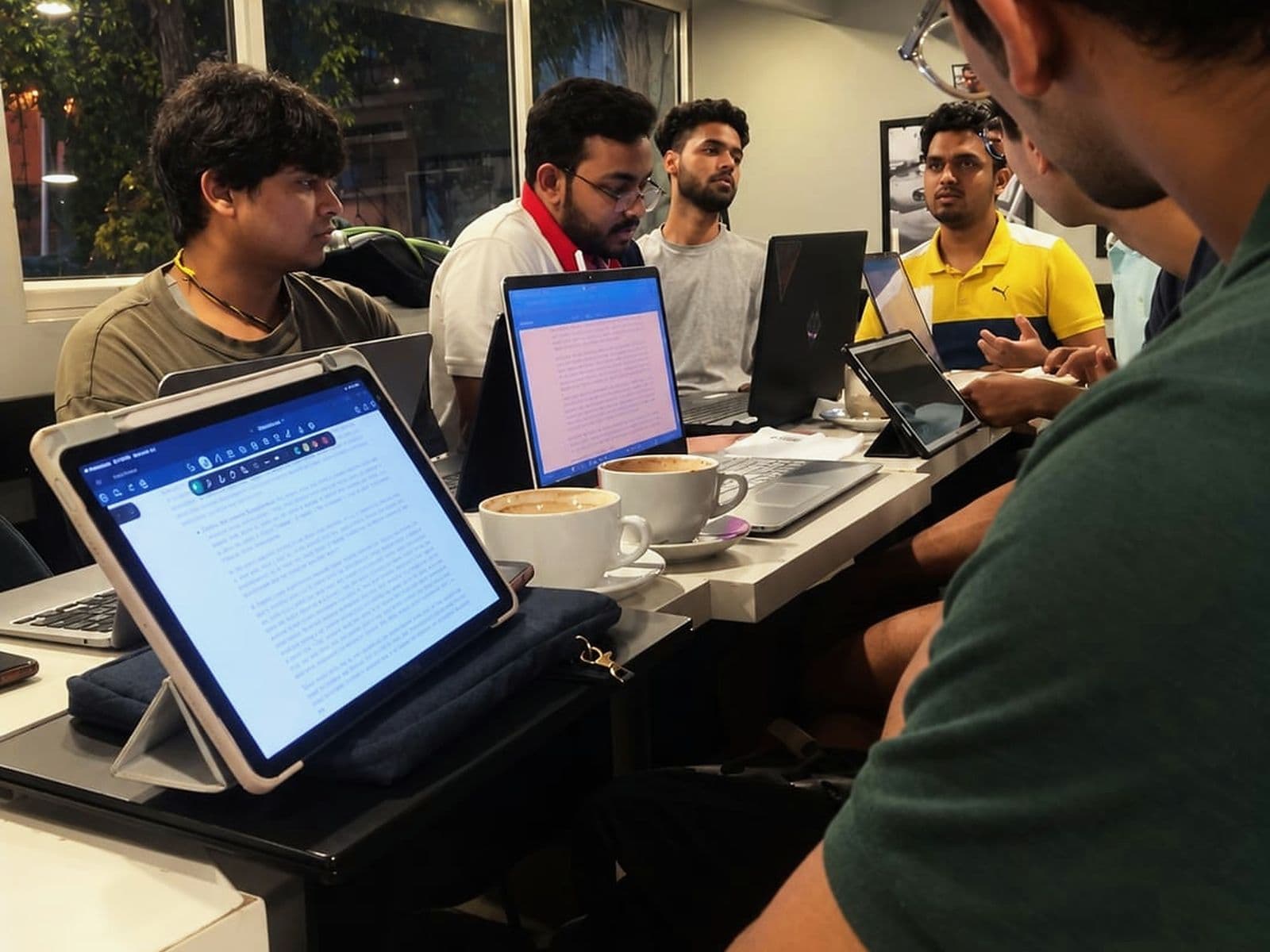 Participants reading the paper on tablets and laptops, with cups of coffee between them